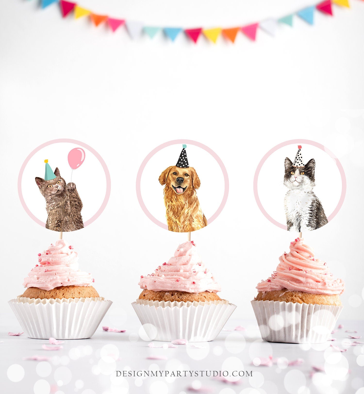 Cats and Dogs Cupcake Toppers Puppy Favor Tags Puppy Birthday Kitten Pink Girl Pet Party Pup Puppies Decor Digital Download Printable 0384