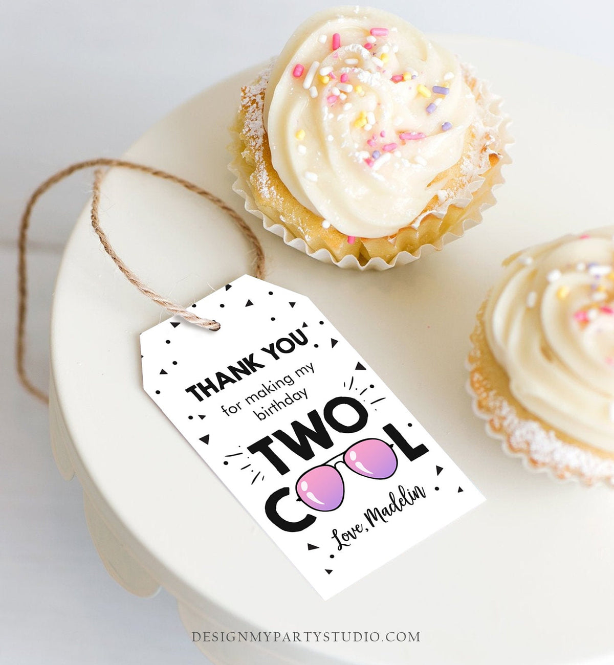 Editable Two Cool Favor Tags Birthday Thank You Tags Girl Second Birthday 2nd Gift Tags Sunglasses Summer Pink Corjl Template Printable 0136