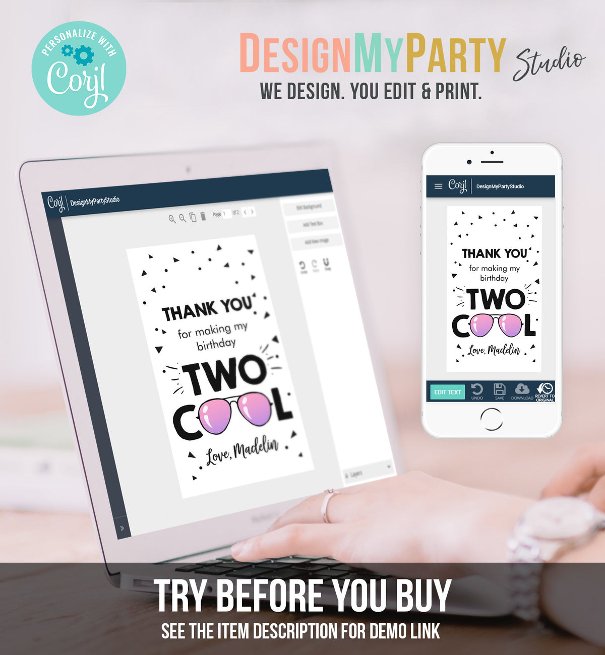 Editable Two Cool Favor Tags Birthday Thank You Tags Girl Second Birthday 2nd Gift Tags Sunglasses Summer Pink Corjl Template Printable 0136