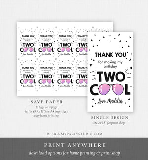 Editable Two Cool Favor Tags Birthday Thank You Tags Girl Second Birthday 2nd Gift Tags Sunglasses Summer Pink Corjl Template Printable 0136