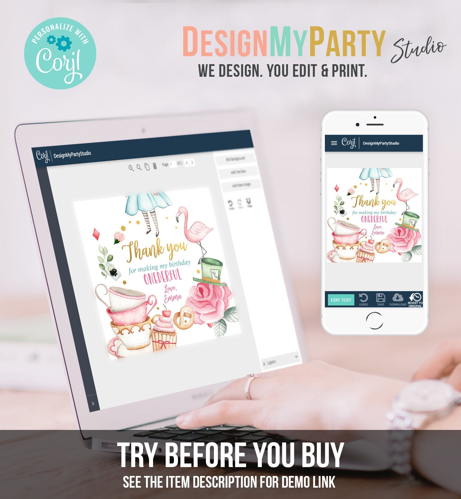 Editable Alice in Onederland Thank You Favor Tags Round Stickers Alice 1st Birthday Tea Party Alice Wonderland Printable Corjl Template 0350