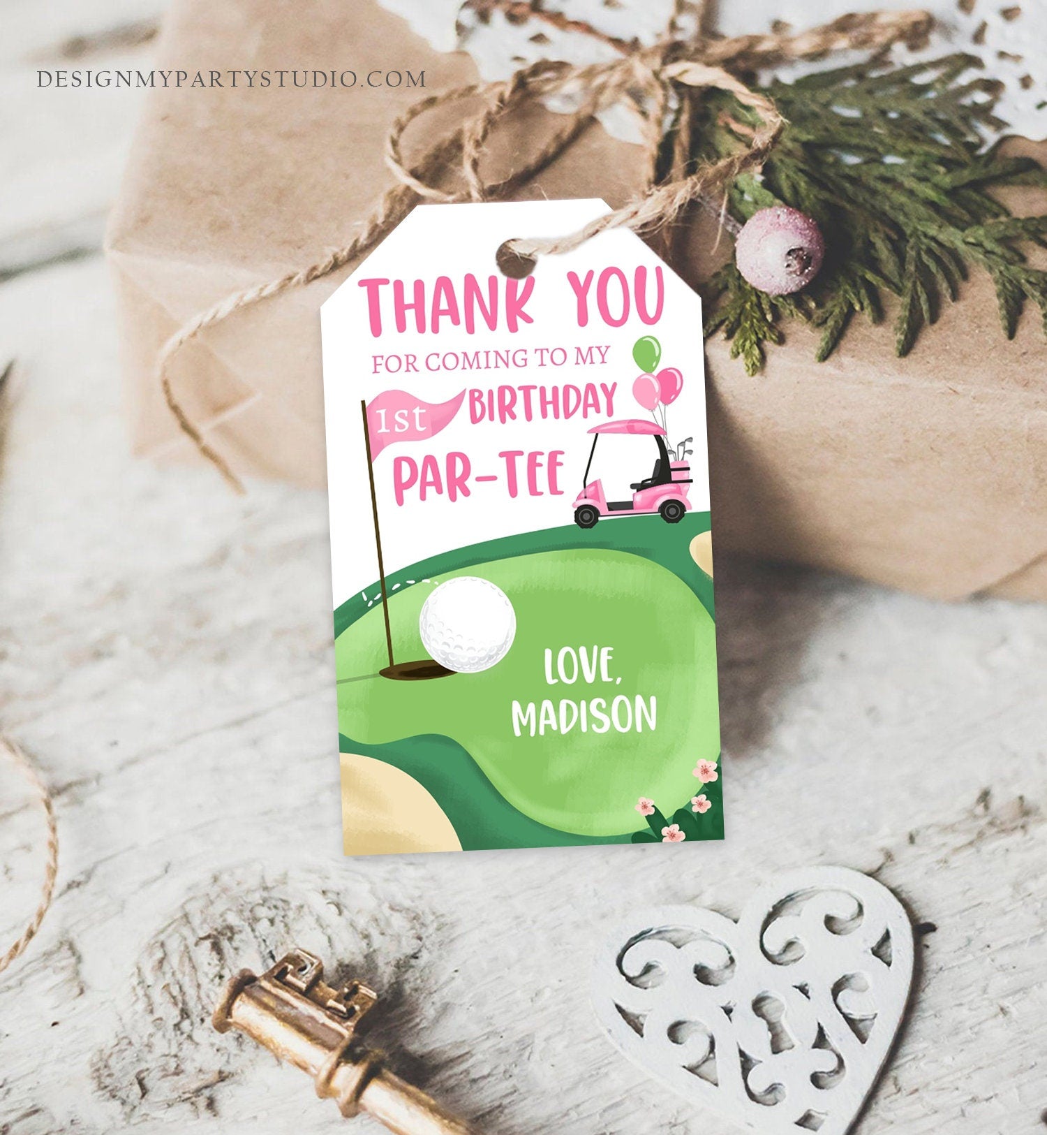 Editable Girl Golf Favor Tags Golf Thank You Par-tee Tags Golfing Birthday Hole in One 1st Birthday Gift Tag Download Corjl Template 0405