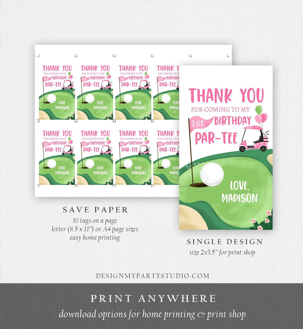 Editable Girl Golf Favor Tags Golf Thank You Par-tee Tags Golfing Birthday Hole in One 1st Birthday Gift Tag Download Corjl Template 0405