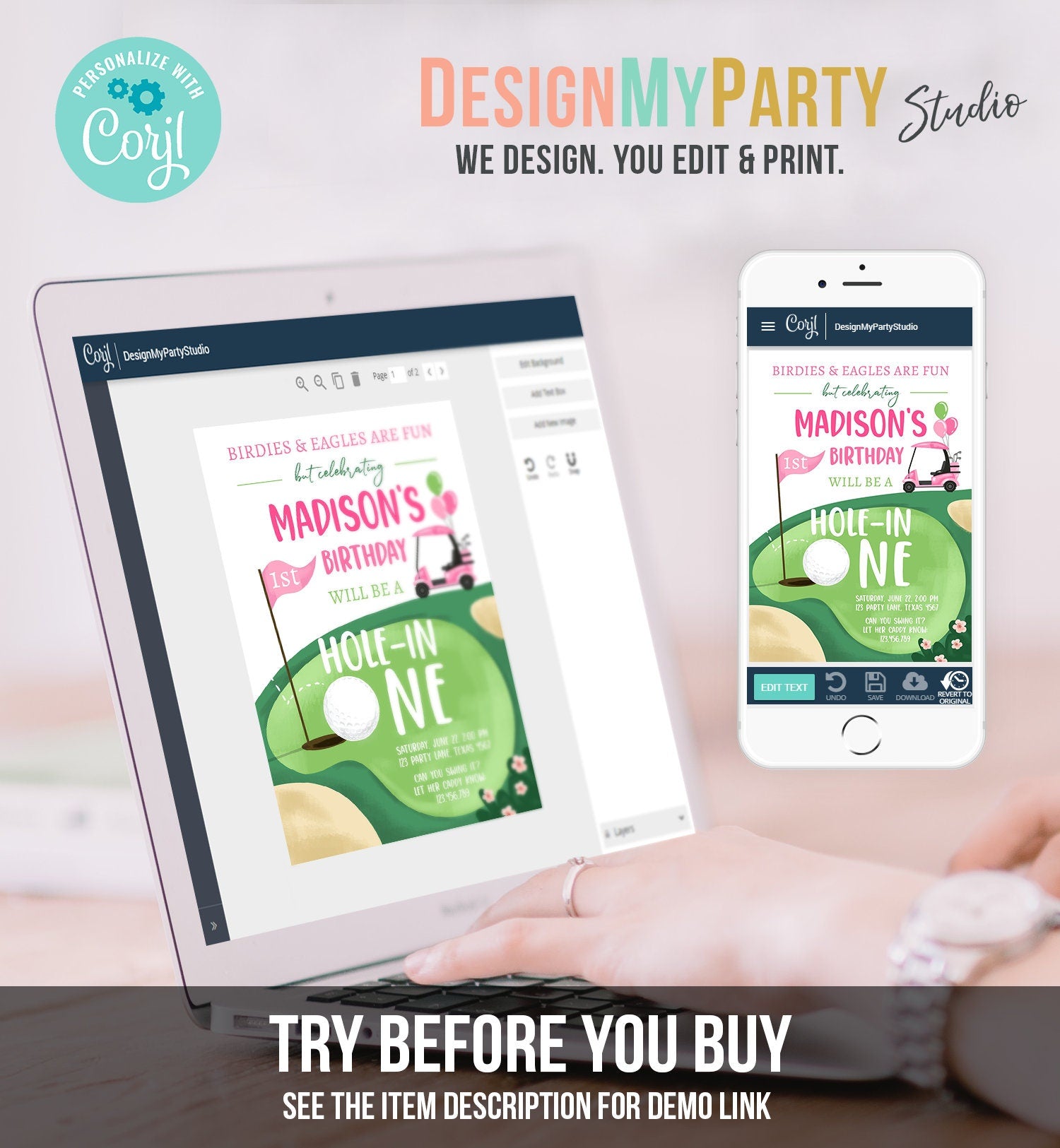 Editable Hole in One Birthday Invitation Golf First Birthday Par-tee Golf Invite Girl Golfing Download Printable Template Digital Corjl 0405