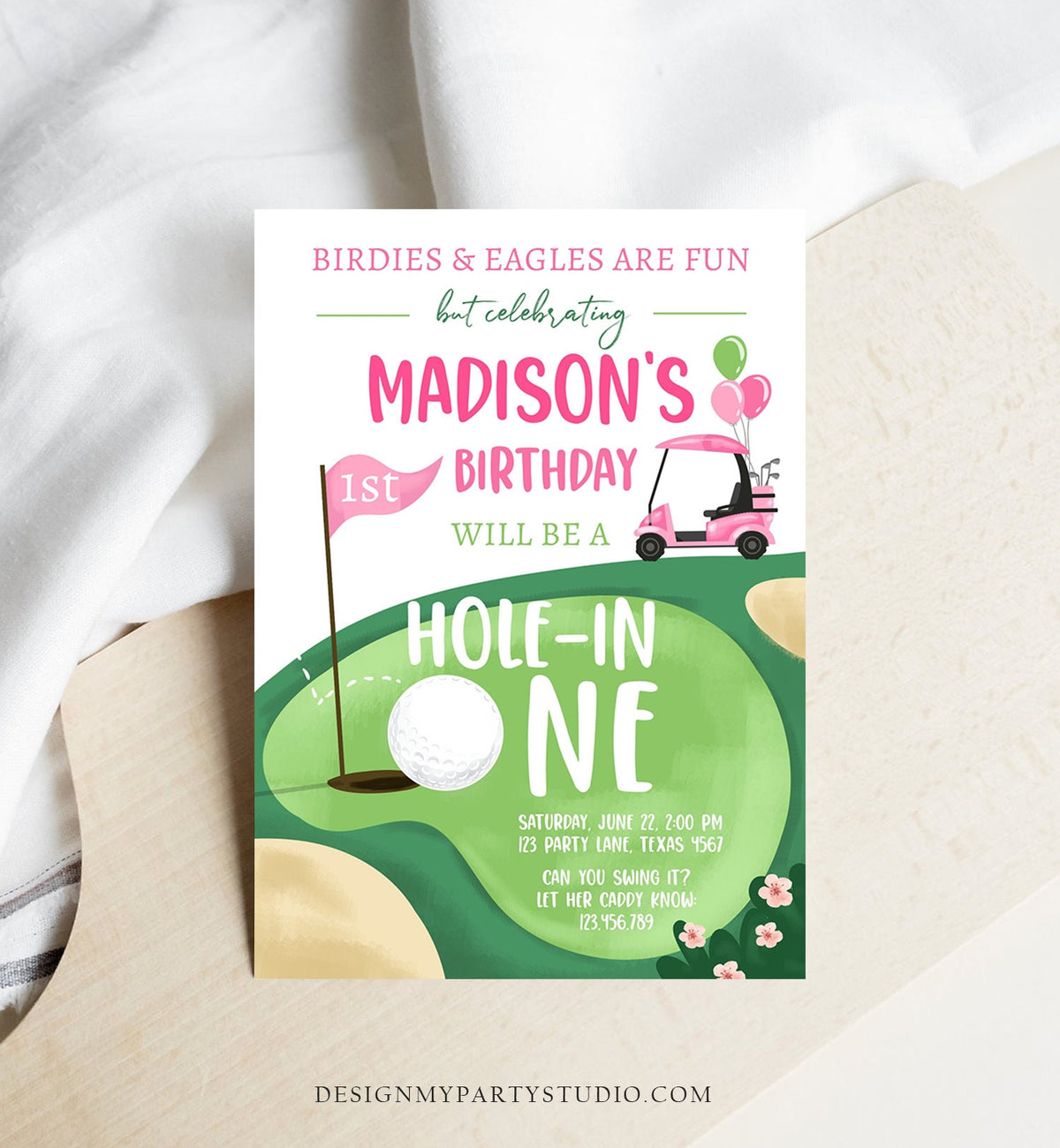 Editable Hole in One Birthday Invitation Golf First Birthday Par-tee Golf Invite Girl Golfing Download Printable Template Digital Corjl 0405