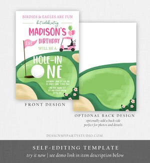 Editable Hole in One Birthday Invitation Golf First Birthday Par-tee Golf Invite Girl Golfing Download Printable Template Digital Corjl 0405