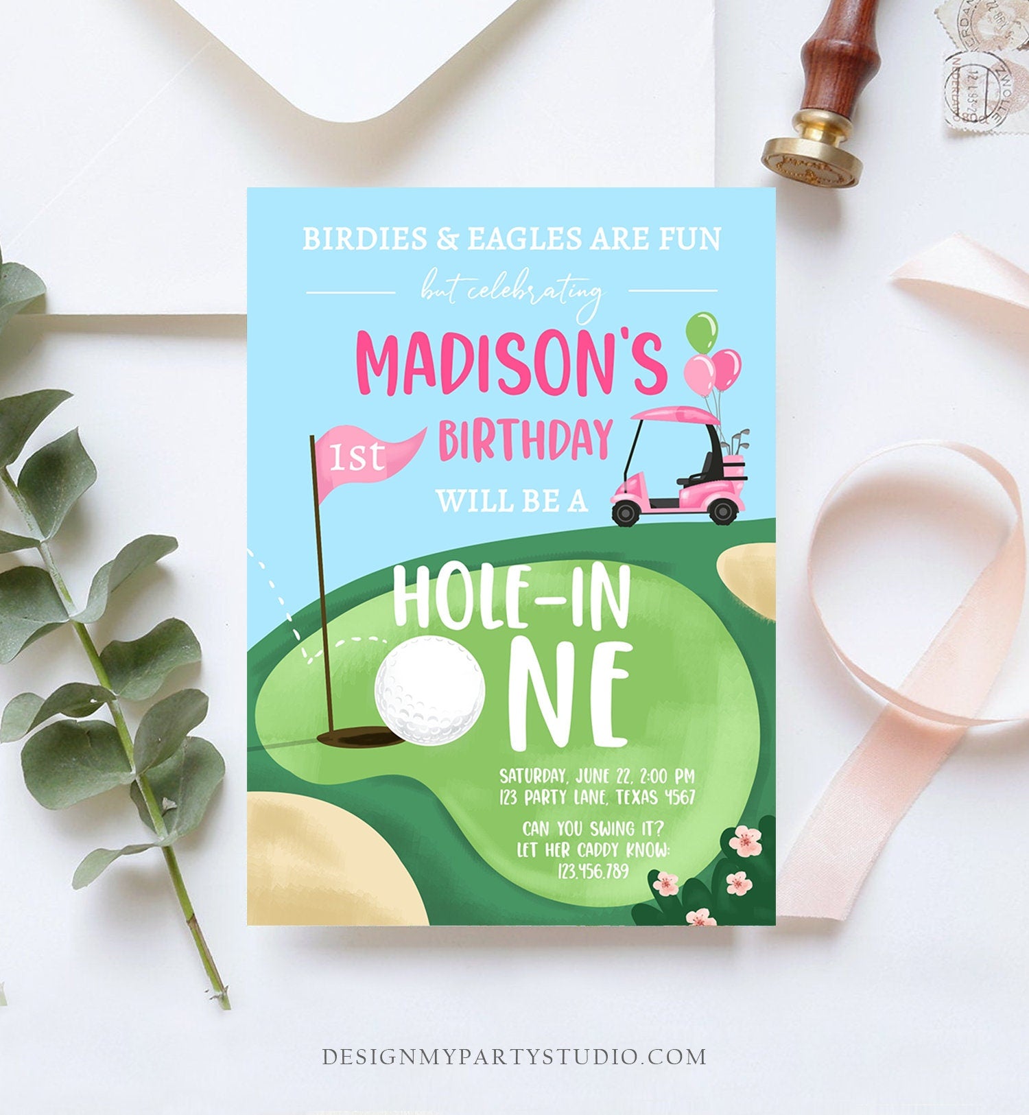 Editable Hole in One Birthday Invitation Golf First Birthday Par-tee Golf Invite Girl Golfing Digital Download Evite Template Printable 0405