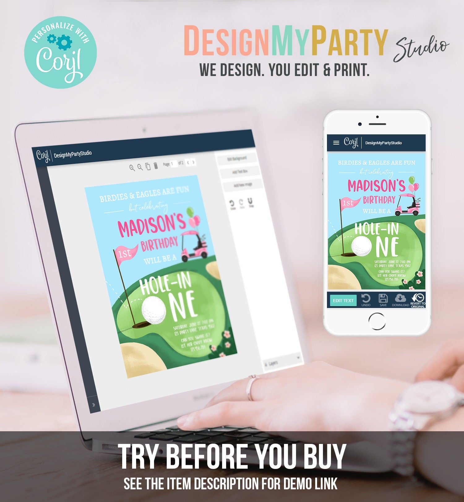 Editable Hole in One Birthday Invitation Golf First Birthday Par-tee Golf Invite Girl Golfing Digital Download Evite Template Printable 0405