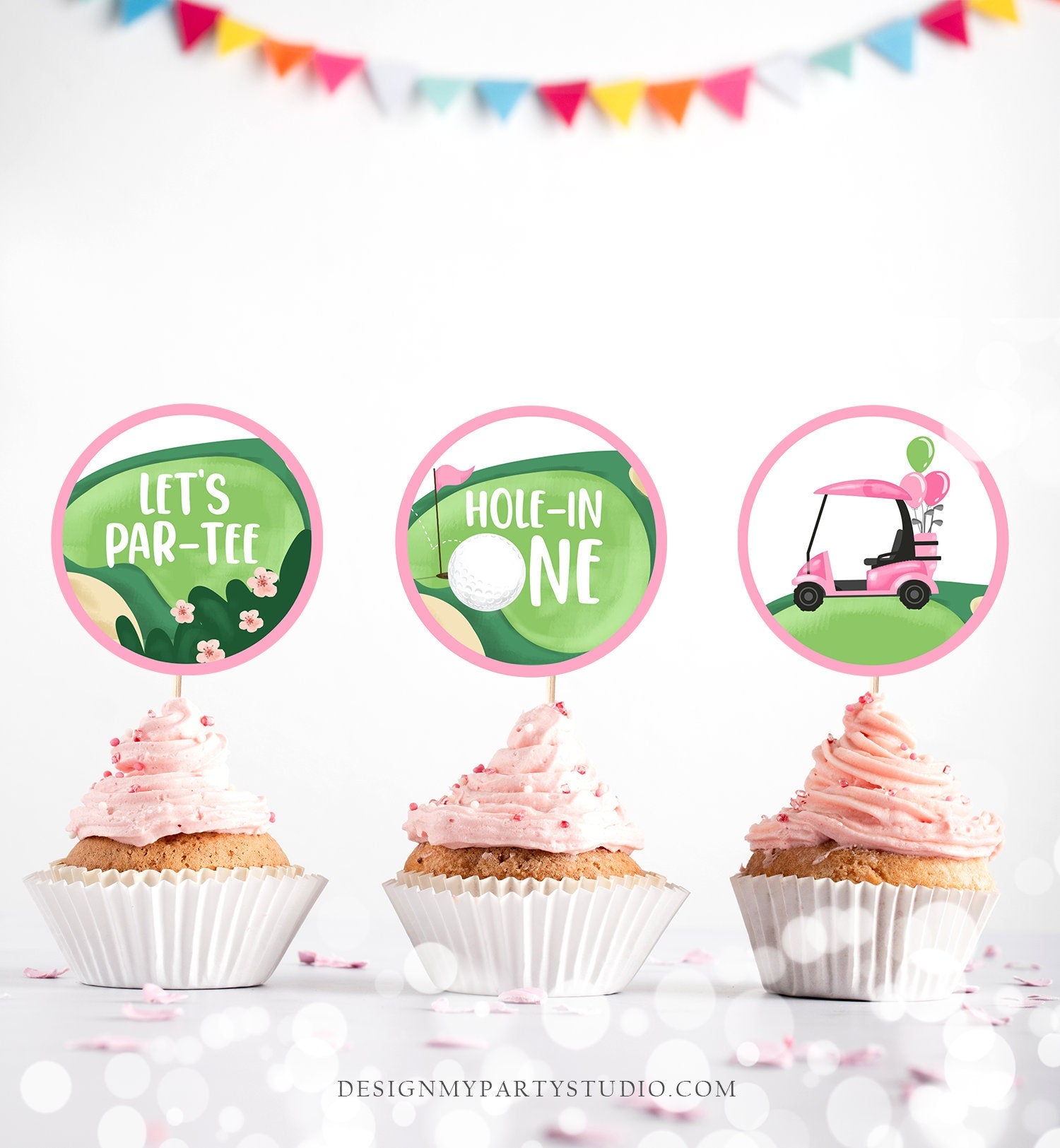 Hole in One Cupcake Toppers Golf Birthday Girl Golf Birthday Par-tee Favor Tags First Birthday Golfing Pink Download Digital PRINTABLE 0405