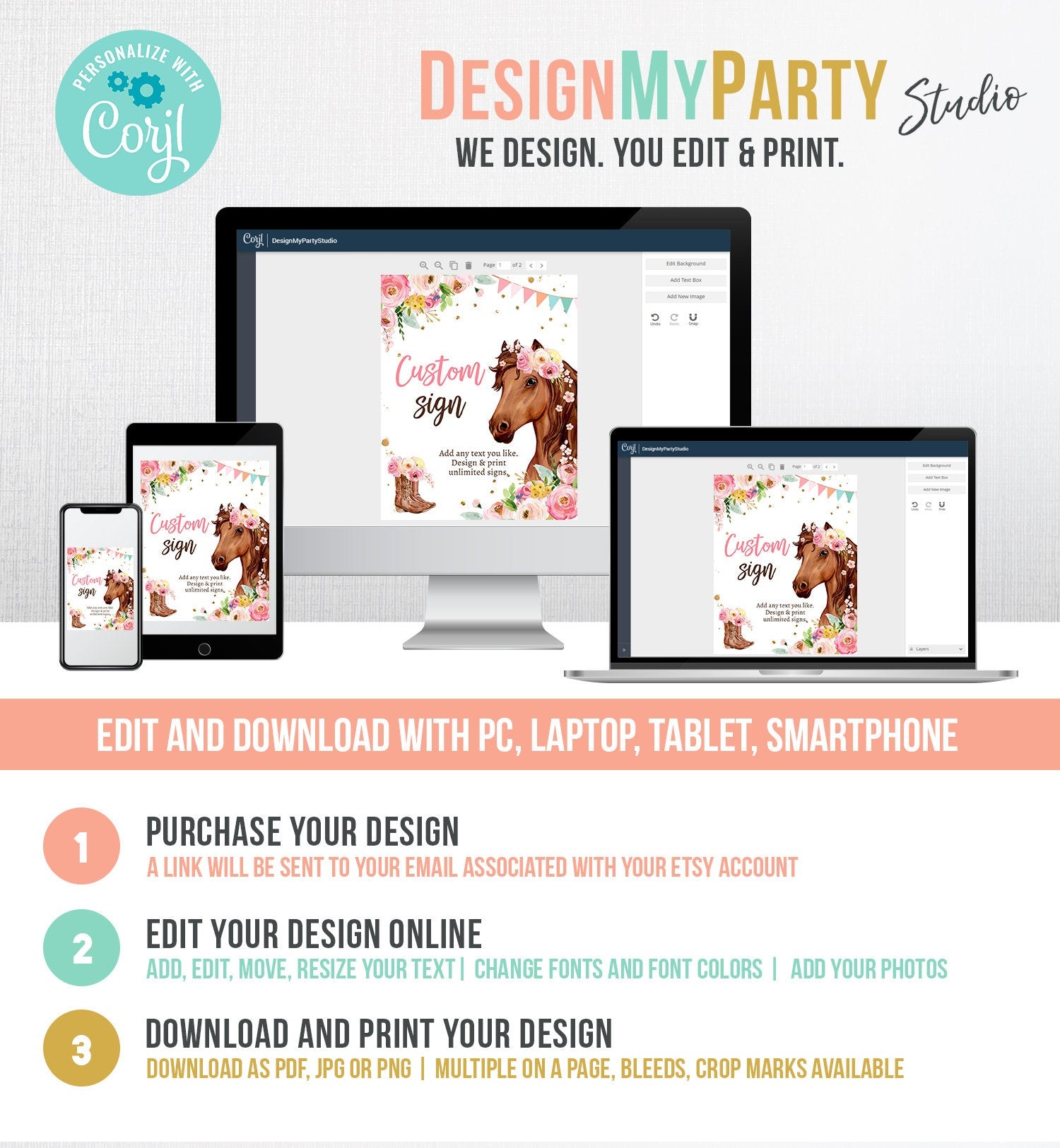 Editable Custom Horse Birthday Party Sign Saddle Up Cowgirl Party Sign Pink Horse Floral Girl Table Sign 8x10 Corjl Template Printable 0408