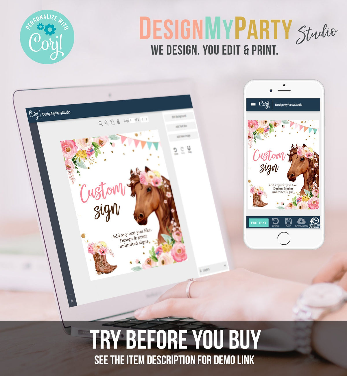 Editable Custom Horse Birthday Party Sign Saddle Up Cowgirl Party Sign Pink Horse Floral Girl Table Sign 8x10 Corjl Template Printable 0408