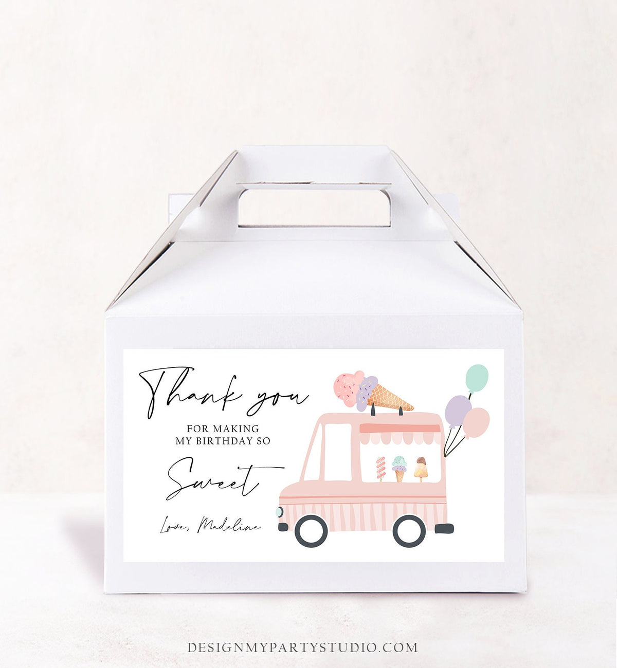 Editable Ice Cream Truck Favor Box Label Gable Gift Box Ice Cream Birthday Sweet One First Girl Treat Box Tag Download Printable Corjl 0415