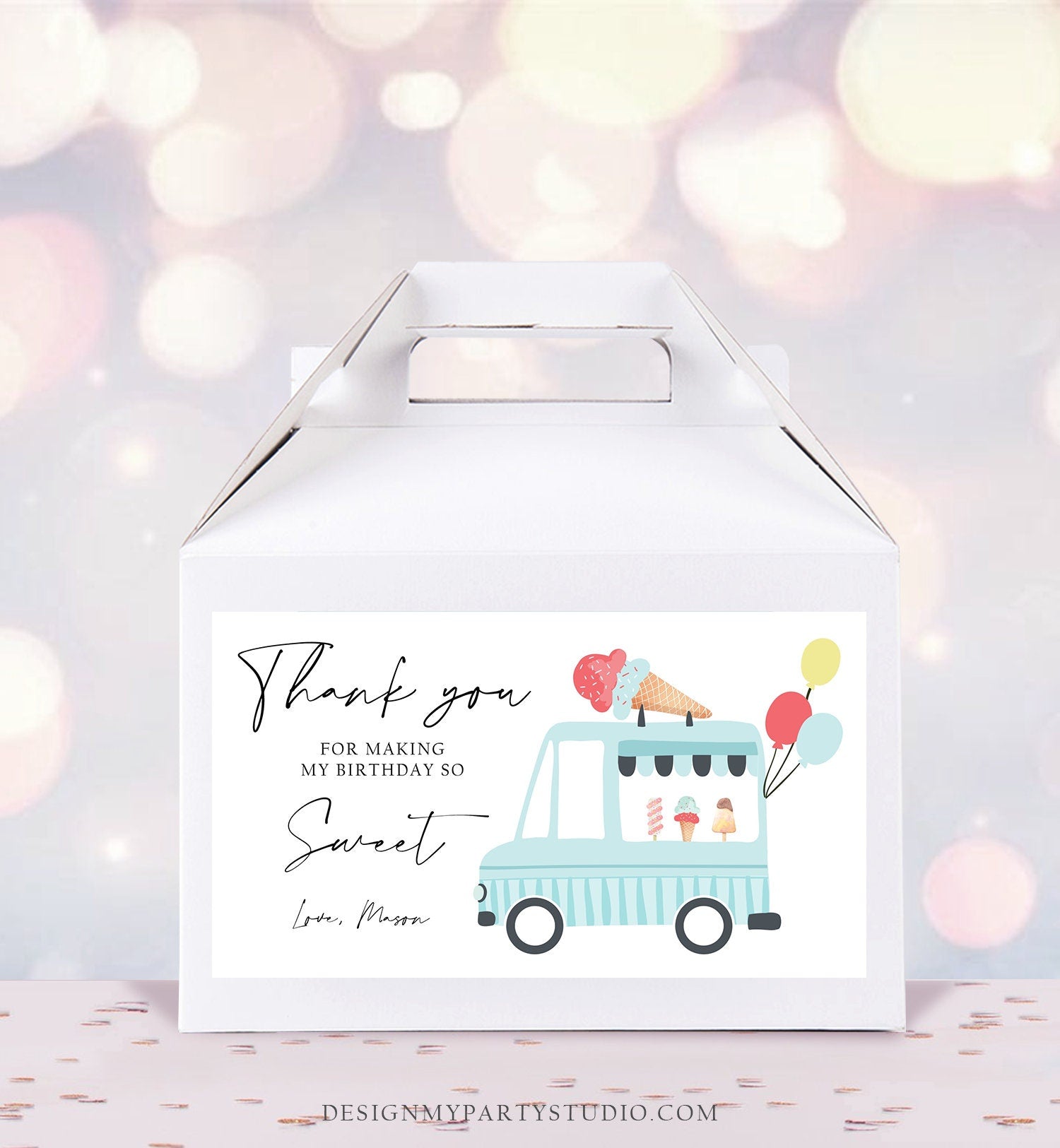 Editable Ice Cream Truck Favor Box Label Gable Gift Box Ice Cream Birthday Sweet One First Boy Treat Box Tag Download Printable Corjl 0415