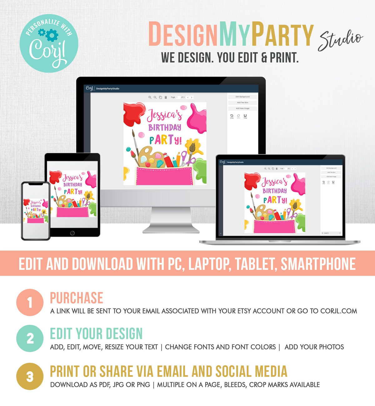 Editable Art Party Favor Tags Painting Party Thank You Tag Sticker Art Birthday Girl Craft Paint Party Brush Digital Template Printable 0319