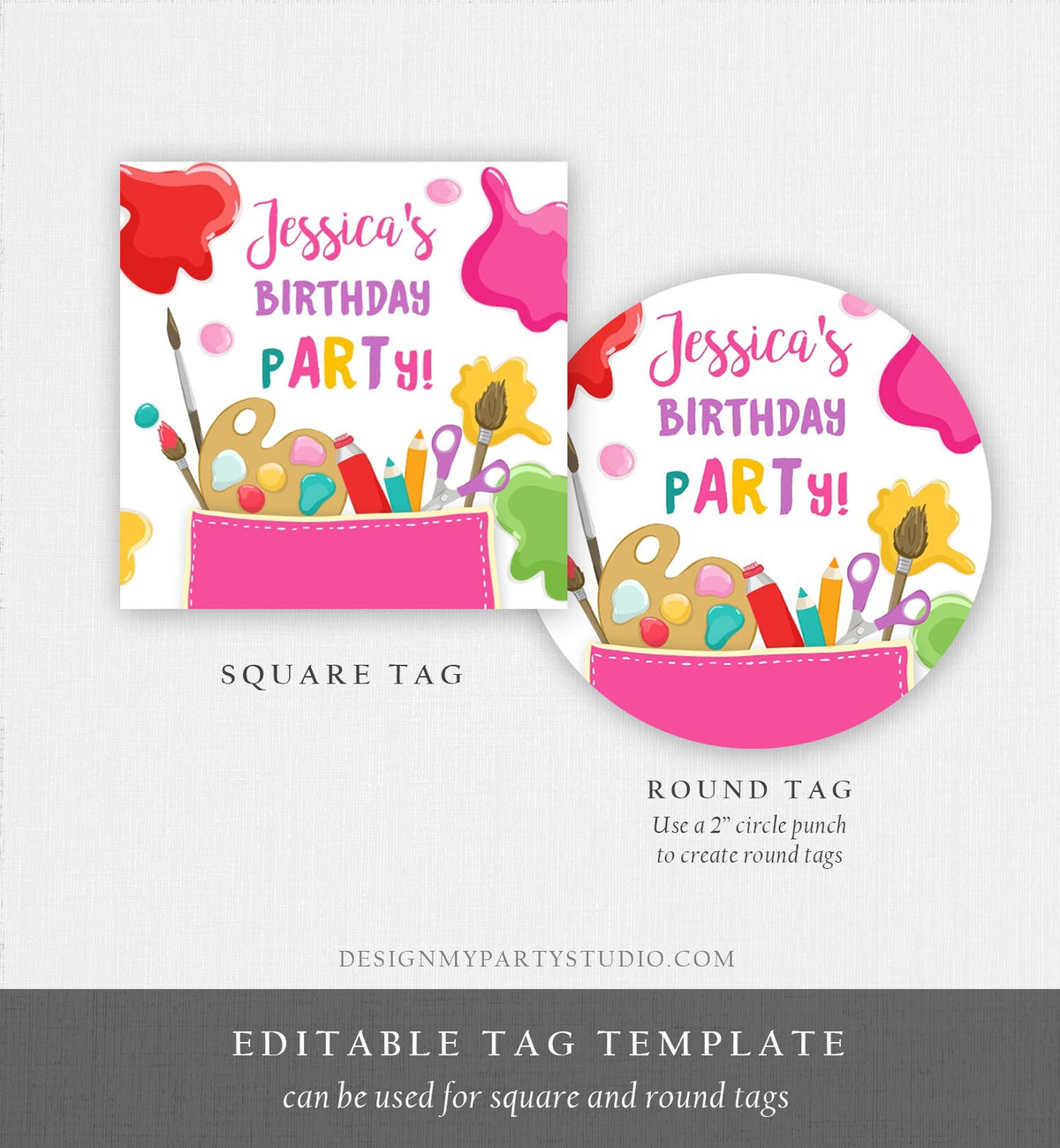 Editable Art Party Favor Tags Painting Party Thank You Tag Sticker Art Birthday Girl Craft Paint Party Brush Digital Template Printable 0319