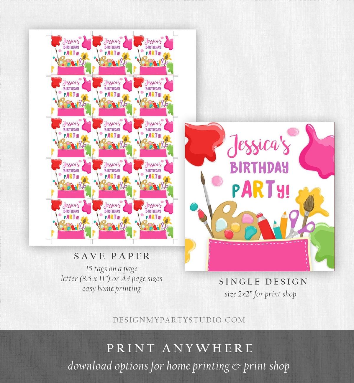 Editable Art Party Favor Tags Painting Party Thank You Tag Sticker Art Birthday Girl Craft Paint Party Brush Digital Template Printable 0319