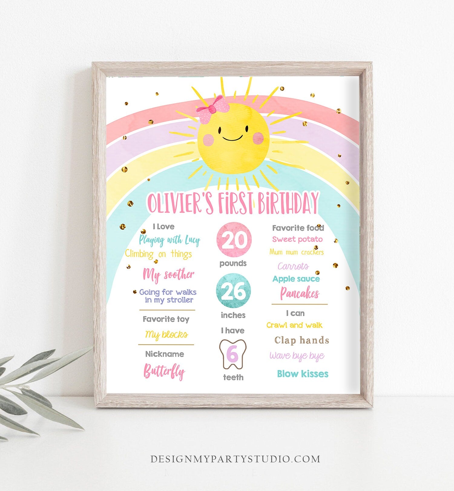 Editable Little Sunshine Rainbow Birthday Milestones Sign Summer First Birthday 1st Birthday Girl Pink Bow Template Printable Corjl 0402