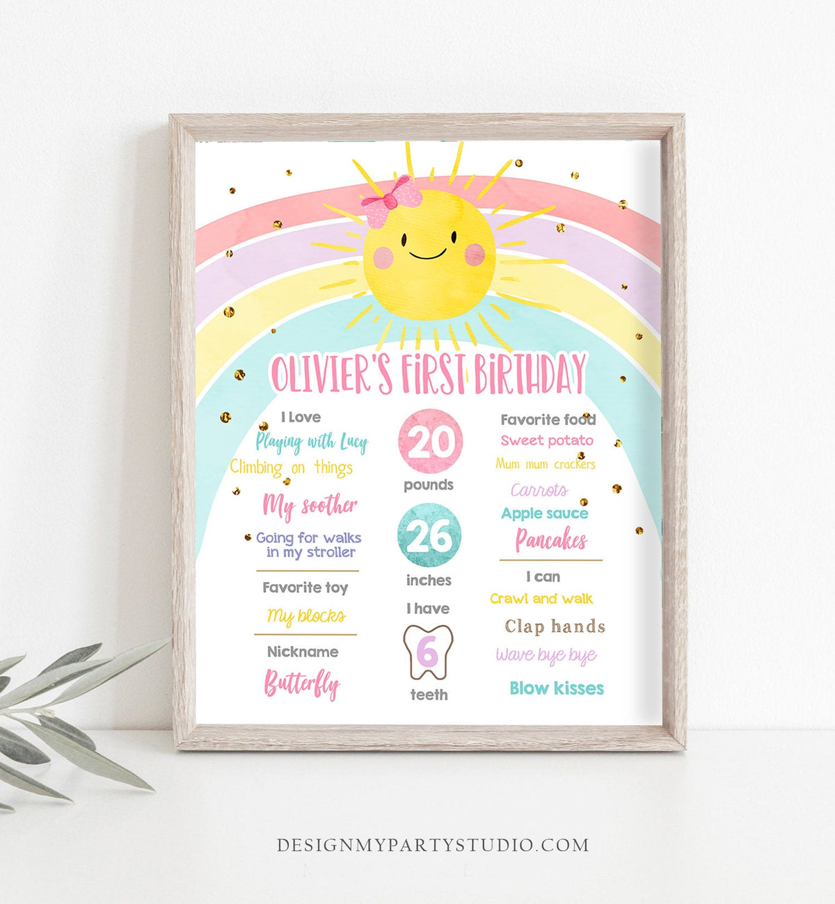 Editable Little Sunshine Rainbow Birthday Milestones Sign Summer First Birthday 1st Birthday Girl Pink Bow Digital Template Printable 0402
