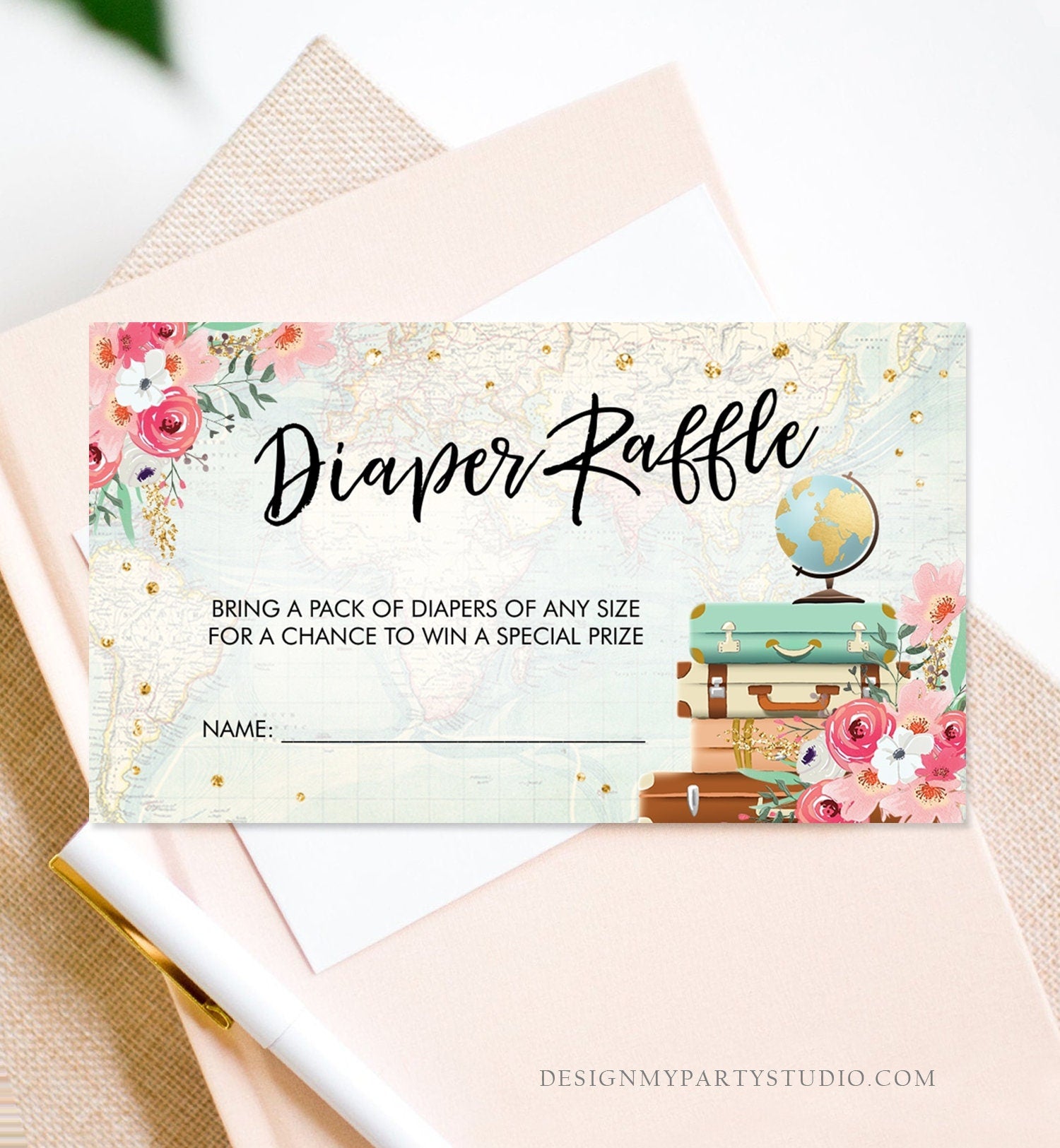 Editable Travel Diaper Raffle Ticket Baby Shower Diaper Game Journey Adventure Suitcases Globe Floral Pink Corjl Template Printable 0030
