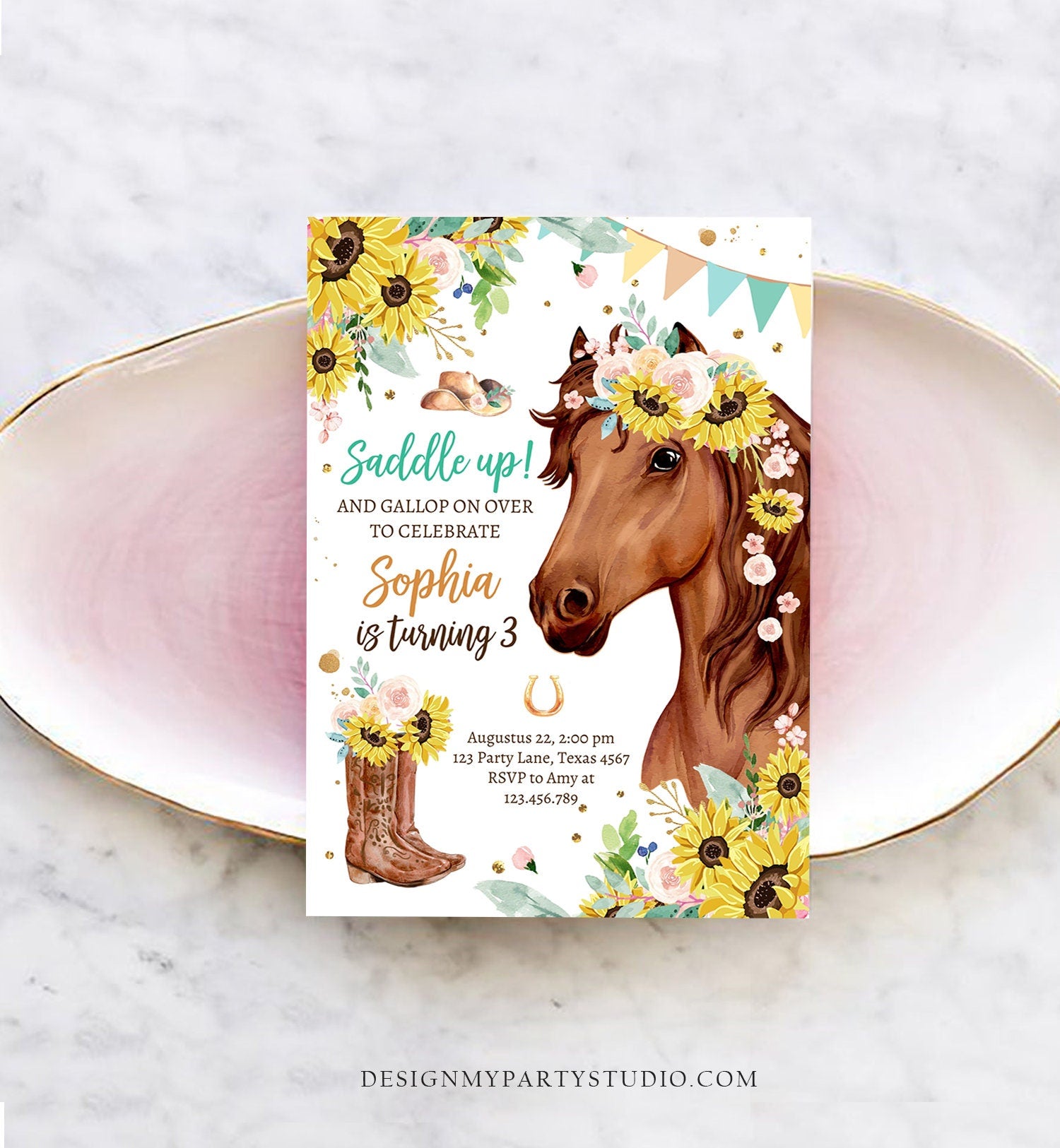 Editable Cowgirl Birthday Invitation Girl Saddle Up Watercolor Horse Party Horse Birthday Sunflowers Download Printable Evite Template 0408