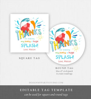 Editable Pool Party Thank You Tags Splish Splash Birthday Bash Boy Red Favor Tag Label Round Square Sticker Corjl Template Printable 0169