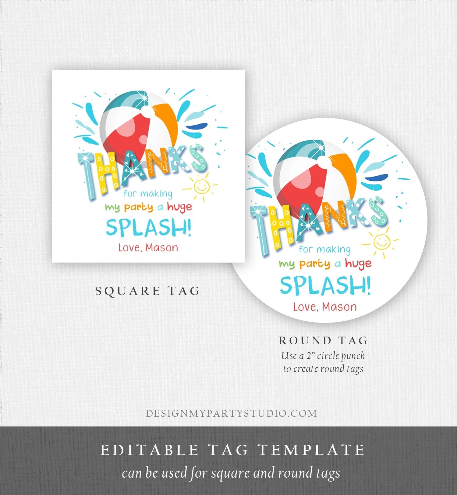 Editable Pool Party Thank You Tags Splish Splash Birthday Bash Boy Red Favor Tag Label Round Square Sticker Corjl Template Printable 0169