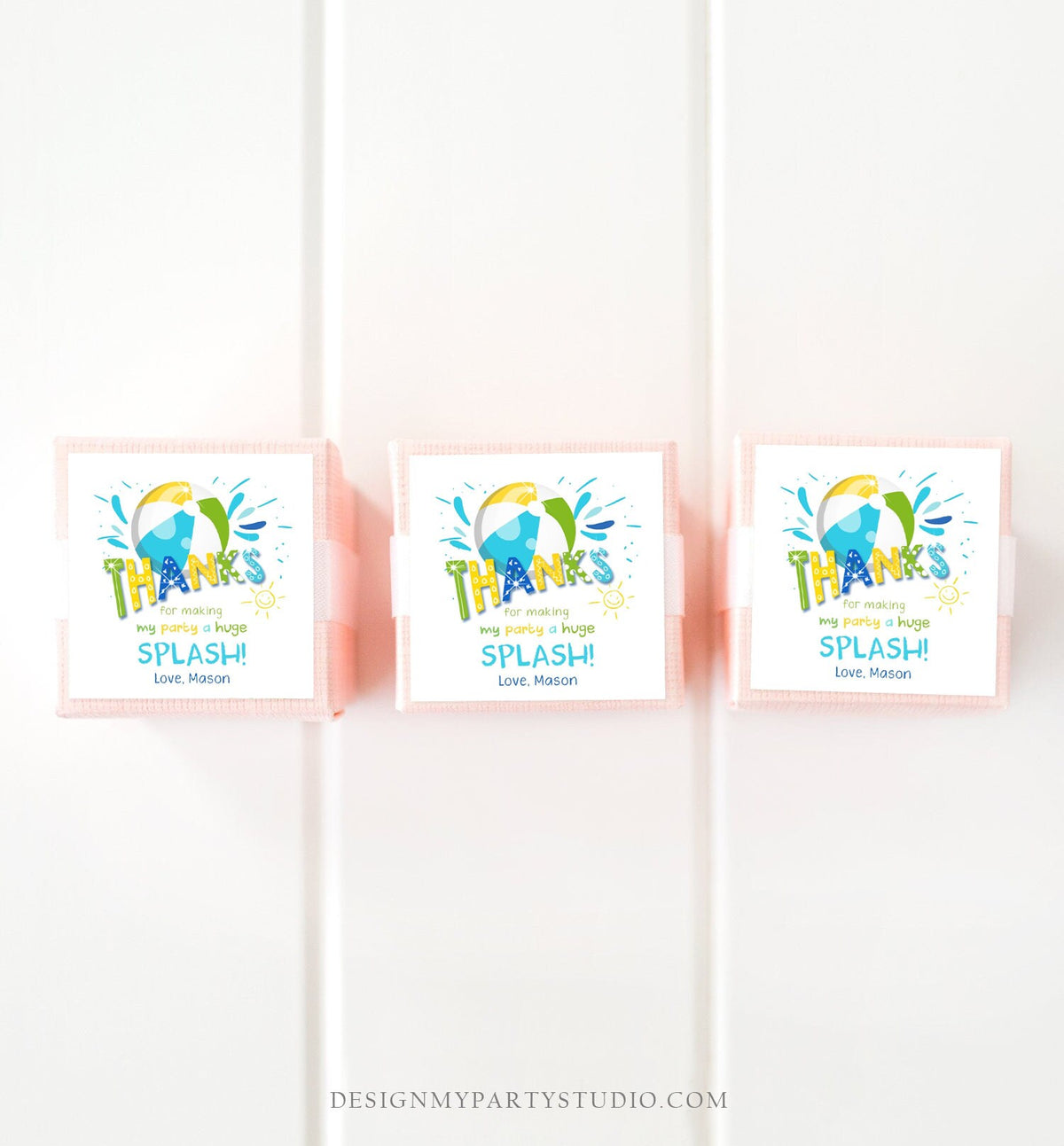 Editable Pool Party Thank You Tags Splish Splash Birthday Bash Green Yellow Tag Label Round Square Sticker Corjl Template Printable 0169