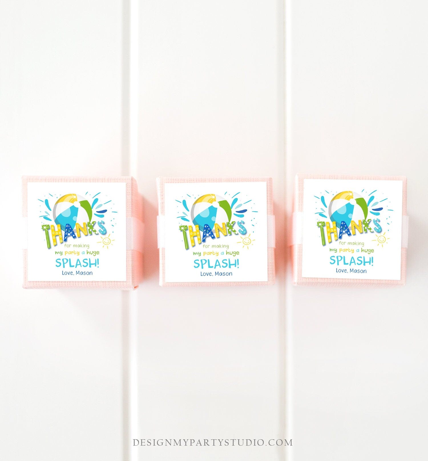 Editable Pool Party Thank You Tags Splish Splash Birthday Bash Green Yellow Tag Label Round Square Sticker Corjl Template Printable 0169