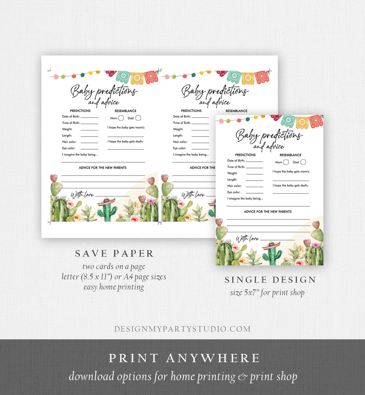 Editable Baby Predictions Fiesta Baby Shower Game Advice for Parents Game Shower Activity Cactus Mexican Corjl Template Printable 0404