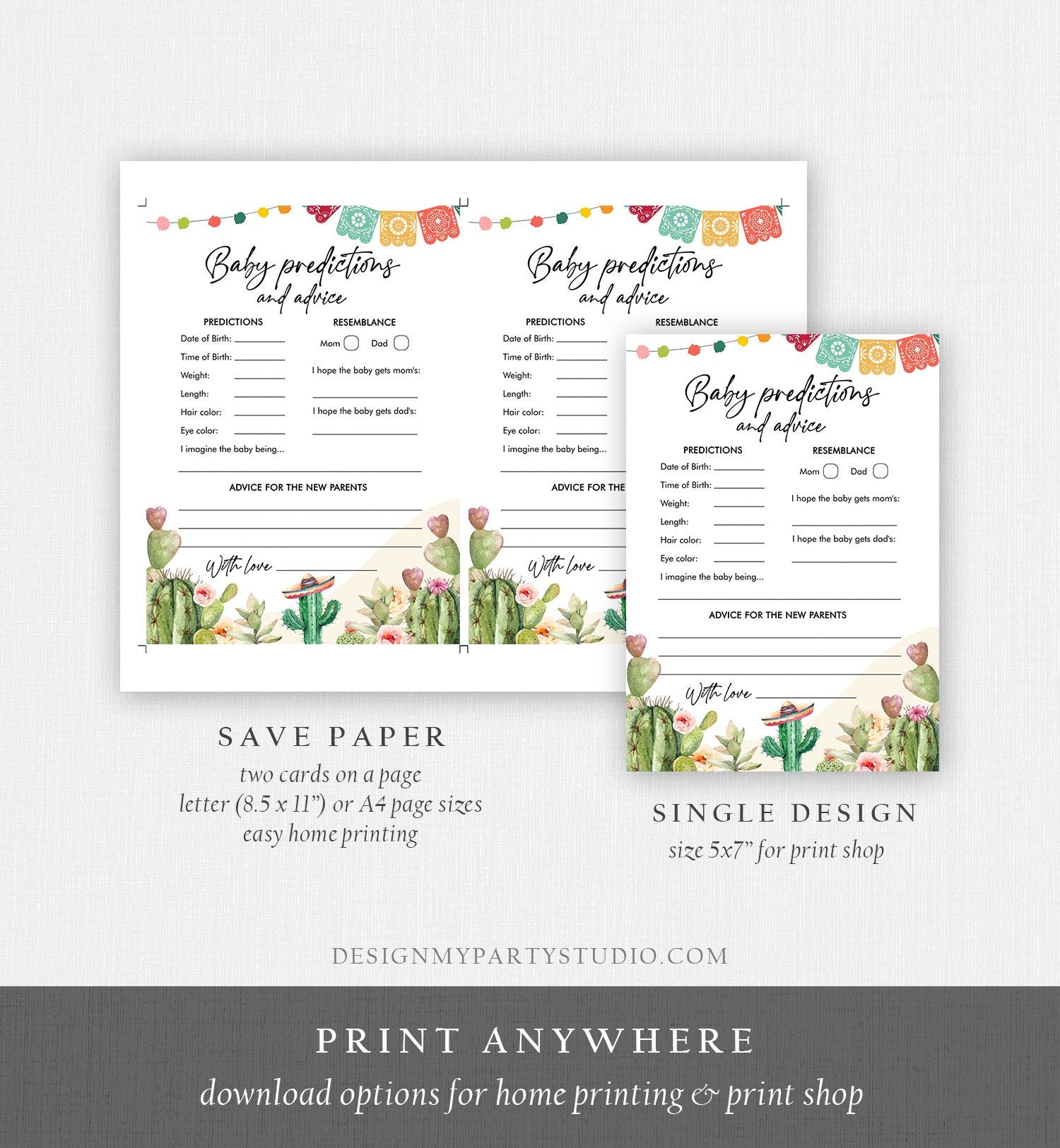Editable Baby Predictions Fiesta Baby Shower Game Advice for Parents Game Shower Activity Cactus Mexican Corjl Template Printable 0404