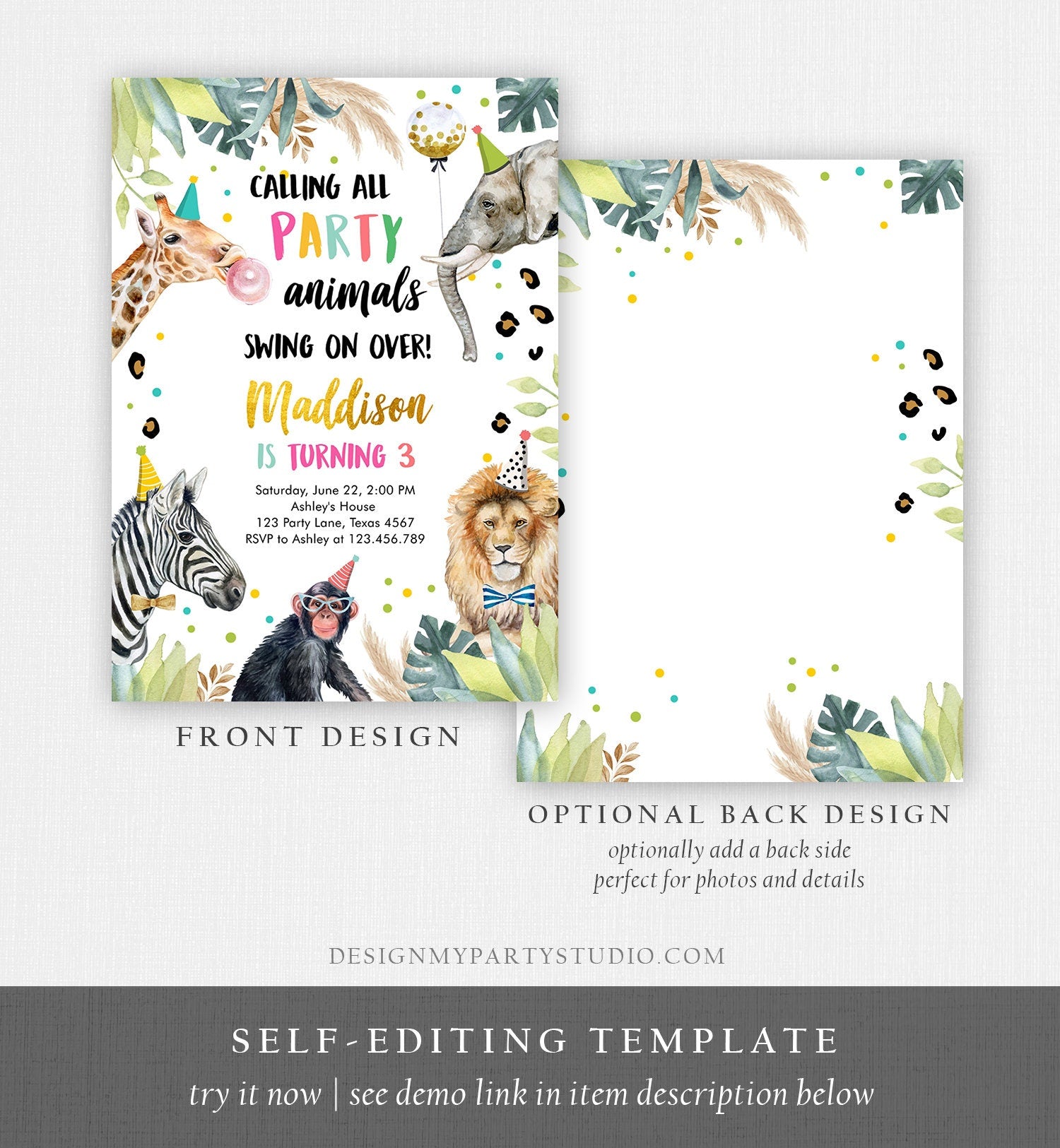 Editable Party Animals Birthday Invitation Wild One Animals Zoo Safari Animals Girl Digital Download Evite Template Printable 0417