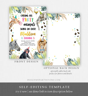 Editable Party Animals Birthday Invitation Wild One Animals Invitation Zoo Safari Animals Girl Download Printable Invite Template Corjl 0417