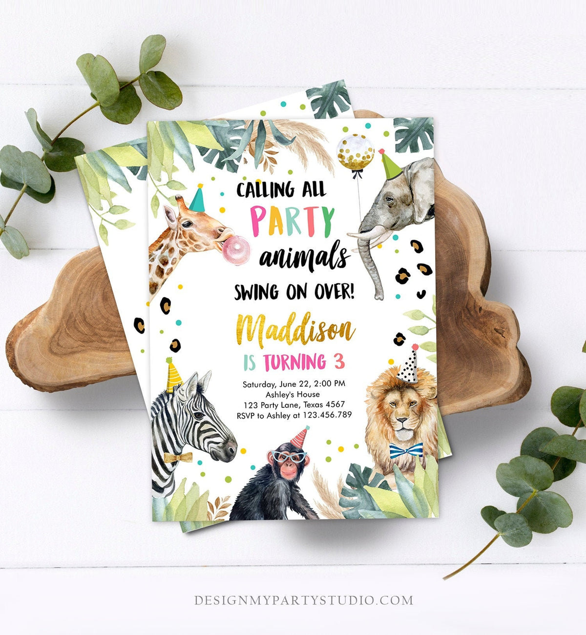 Editable Party Animals Birthday Invitation Wild One Animals Zoo Safari Animals Girl Digital Download Evite Template Printable 0417