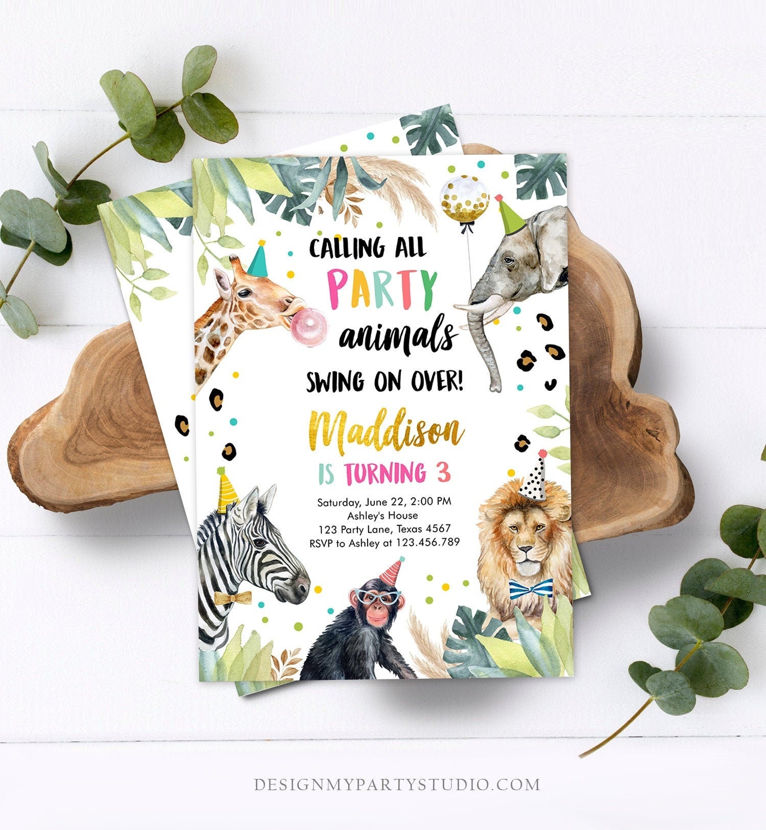 Editable Party Animals Birthday Invitation Wild One Animals Zoo Safari Animals Girl Digital Download Evite Template Printable 0417