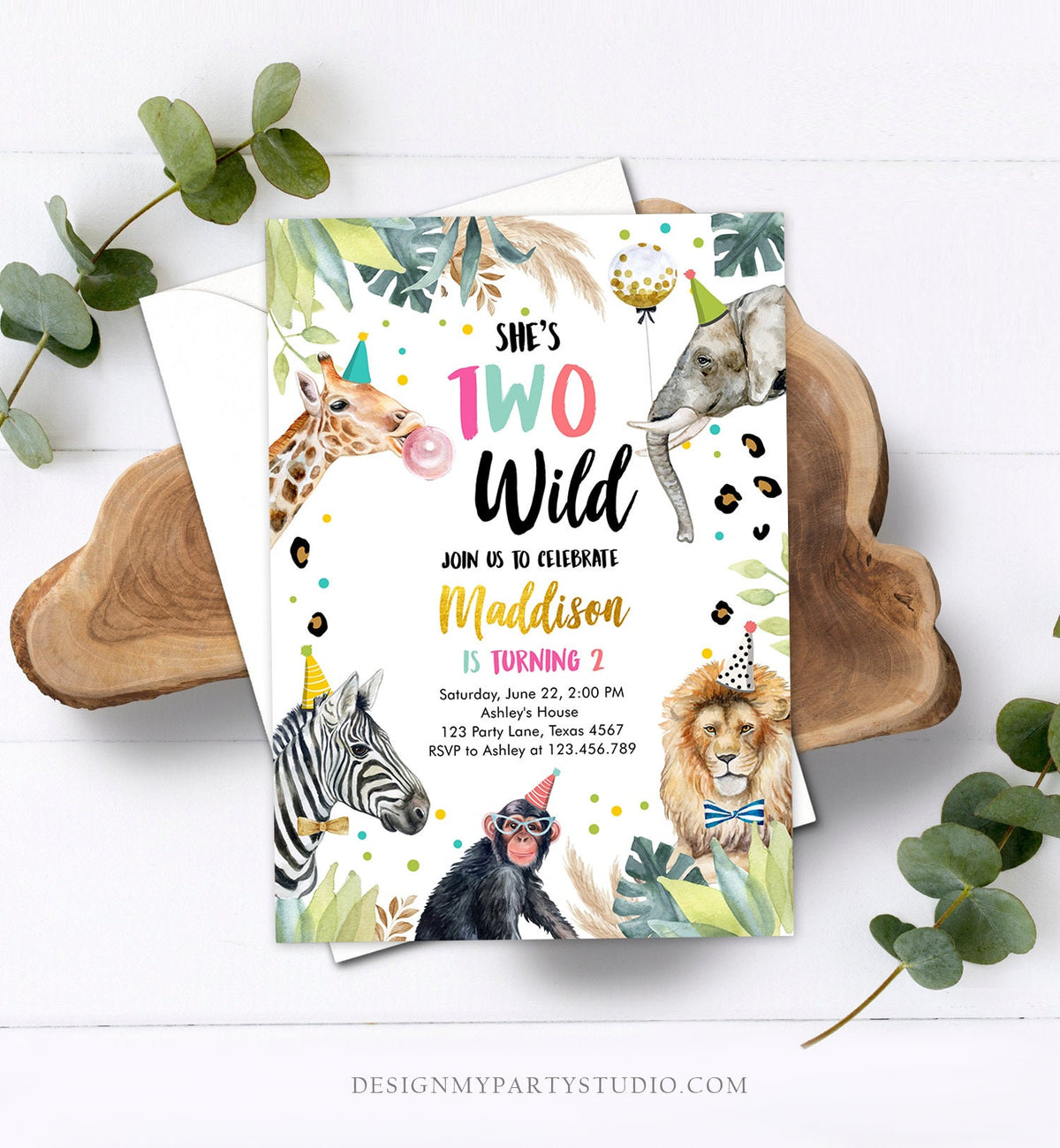 Editable Two Wild Birthday Invitation Girl Safari Animals Part Animals Pink Gold Safari Zoo Digital Download Evite Template Printable 0417