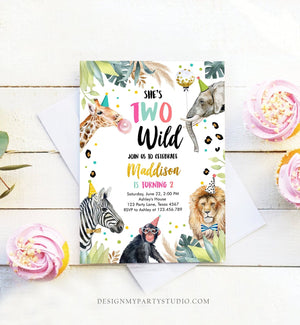 Editable Birthday Invitation Girl Two Wild Animals Invite Pink and Gold Safari Zoo Instant Download Printable Template Digital Corjl 0417