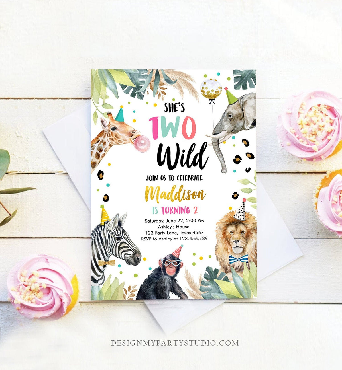 Editable Two Wild Birthday Invitation Girl Safari Animals Part Animals Pink Gold Safari Zoo Digital Download Evite Template Printable 0417
