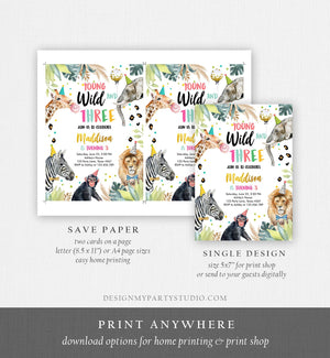 Editable Young Wild and Three Invitation Girl Pink and Gold Safari Animals Zoo Instant Download Printable Template Digital Corjl 0417