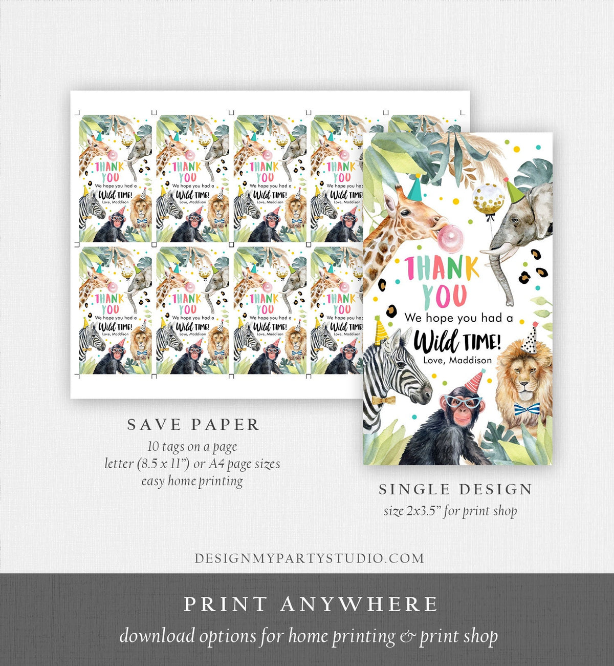 Editable Party Animals Favor Tags Wild One Animals Thank You Tags Safari Zoo Girl Birthday Wild Time Gift Tag Digital Corjl Template 0417
