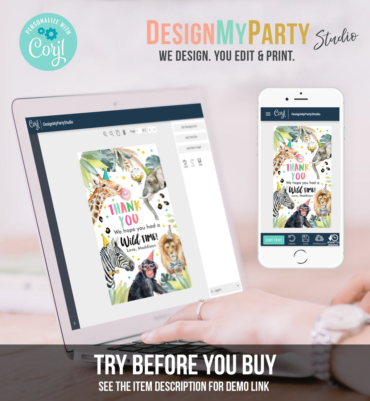 Editable Party Animals Favor Tags Wild One Animals Thank You Tags Safari Zoo Girl Birthday Wild Time Gift Tag Digital Corjl Template 0417