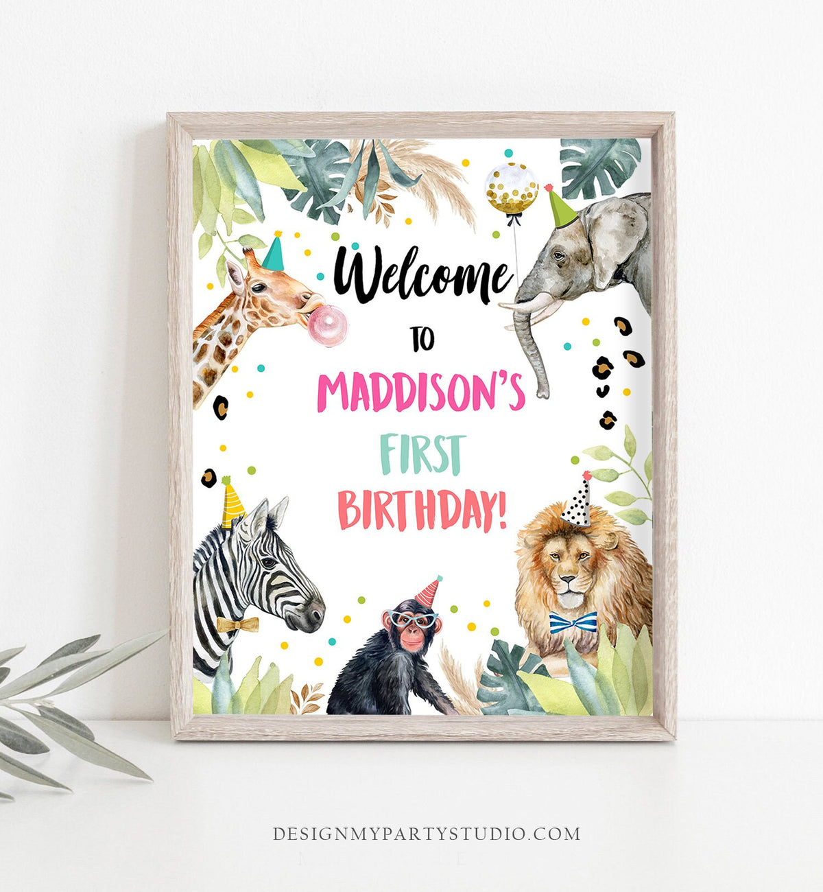 Editable Party Animals Welcome Sign Party Animal Sign Zoo Safari Welcome Jungle Sign Birthday Animals Girl Digital Template Printable 0417
