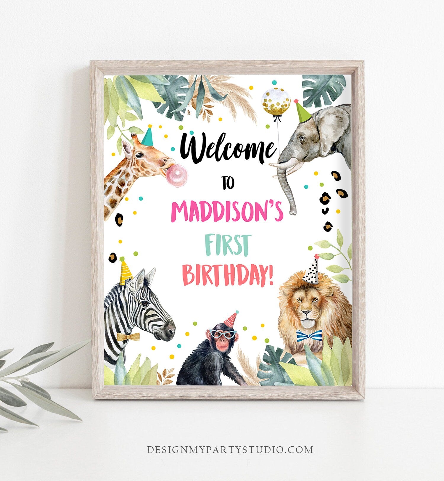 Editable Party Animals Welcome Sign Party Animal Sign Zoo Safari Welcome Jungle Sign Birthday Animals Girl Digital Template Printable 0417