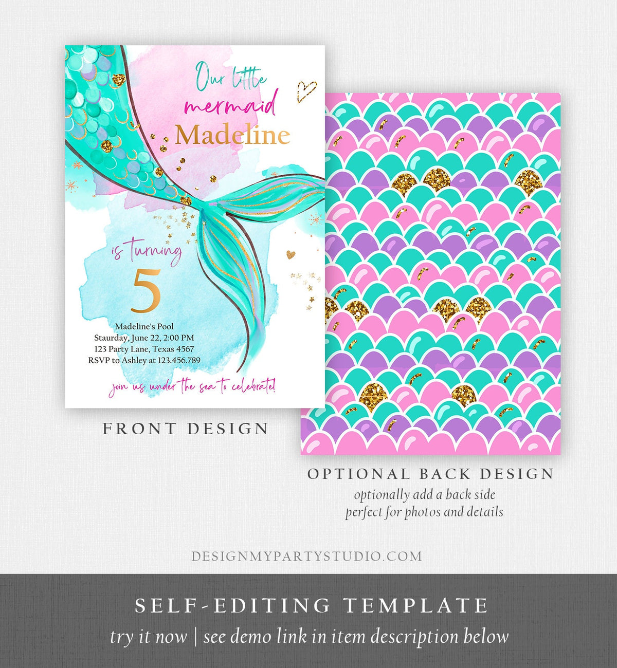 Editable Mermaid Birthday Party Invitation Girl Pink Green Purple Gold Mermaid Under The Sea Digital Download Template Printable 0403