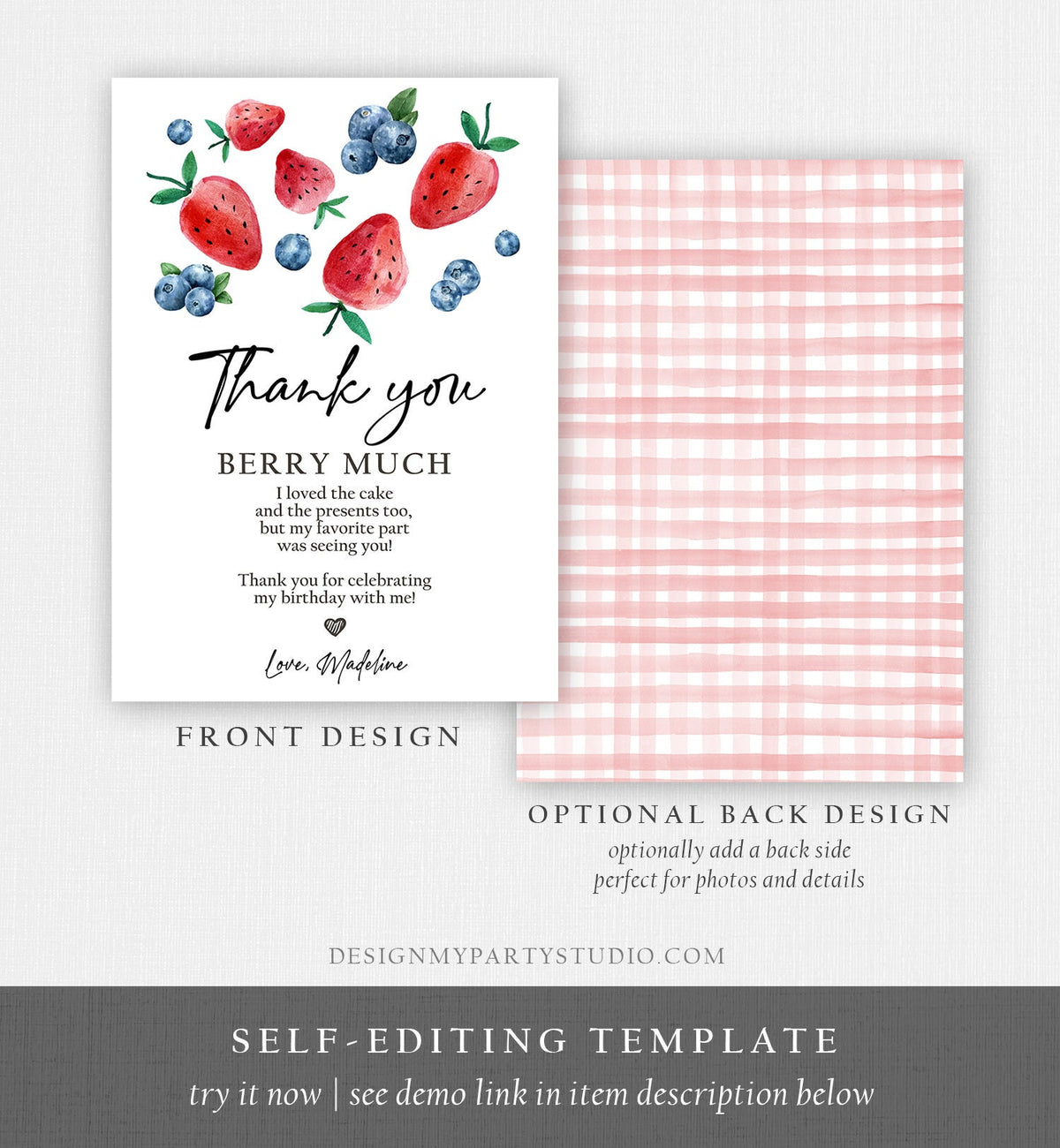 Editable Blueberry Strawberry Thank You Card Berry First Birthday Berry Sweet Farmers Market Digital Download Template Printable 0399