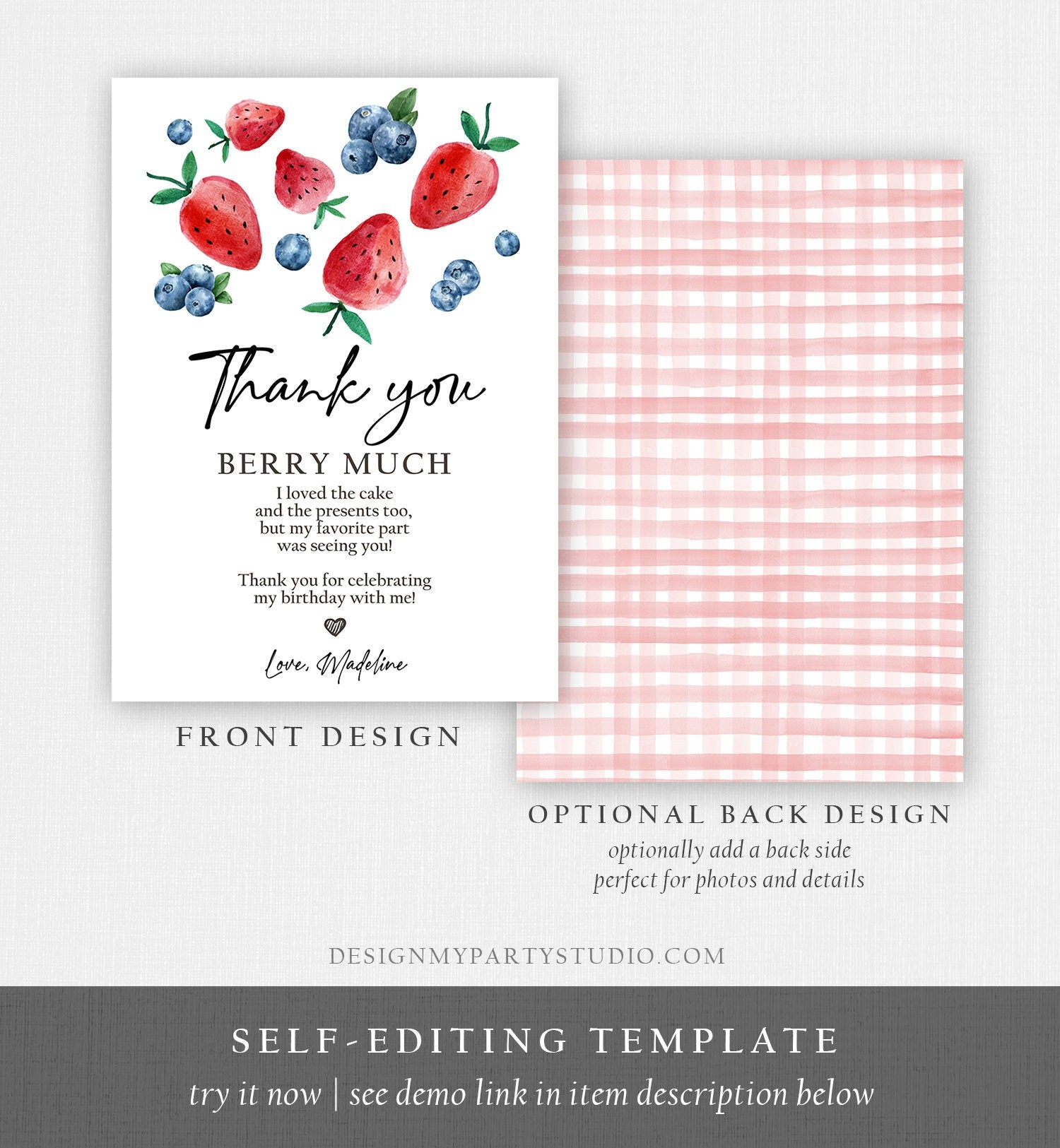 Editable Blueberry Strawberry Thank You Card Berry First Birthday Berry Sweet Farmers Market Digital Download Template Printable 0399