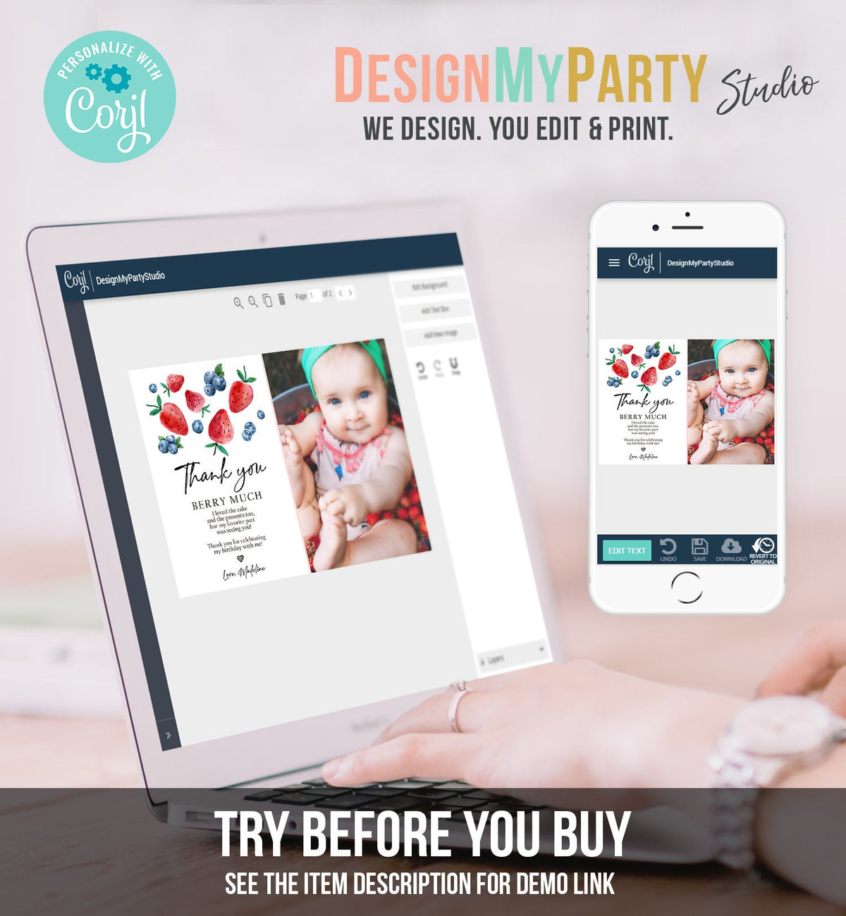 Editable Blueberry Strawberry Thank You Card Berry First Birthday Berry Sweet Farmers Market Digital Download Template Printable 0399