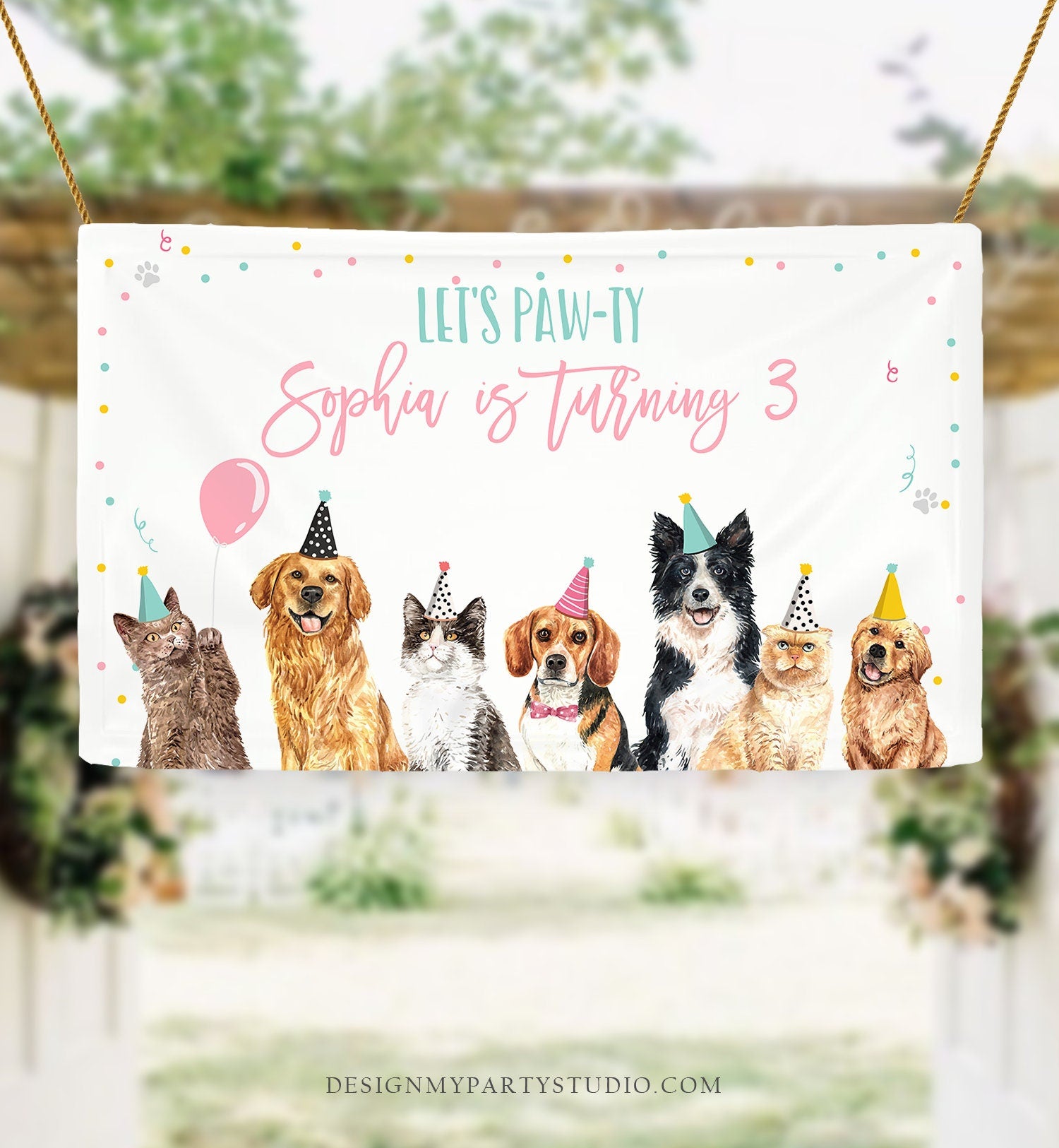 Editable Cats and Dogs Backdrop Banner Puppy Birthday Cat Birthday Decor Pet Pawty Doggy Dog PartyDownload Corjl Template Printable 0384