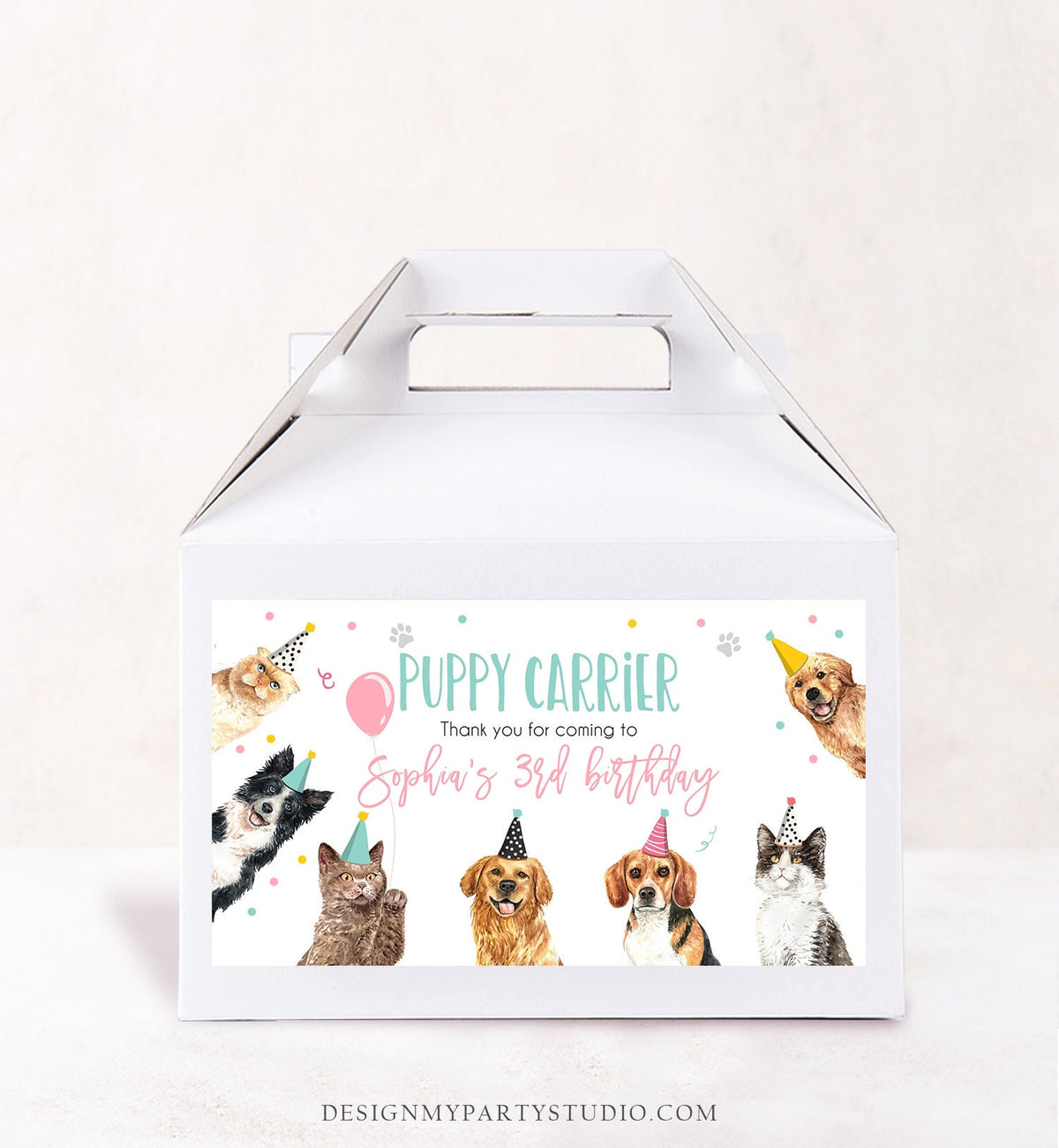 Editable Cats and Dogs Favors Puppy Carrier Box Label Birthday Favor Box Label Cat Birthday Adopt a Pet Digital Template Printable 0384