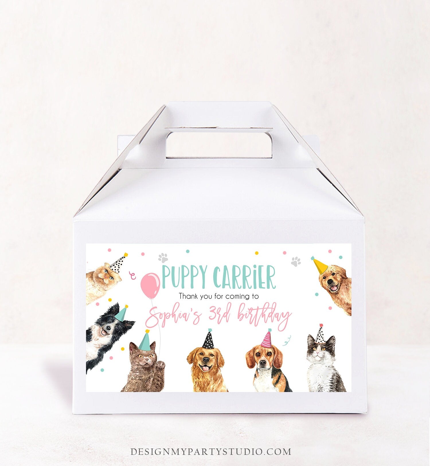 Editable Cats and Dogs Favors Puppy Carrier Box Label Puppy Birthday Favor Box Label Cat Birthday Adopt a Pet Download Printable Corjl 0384