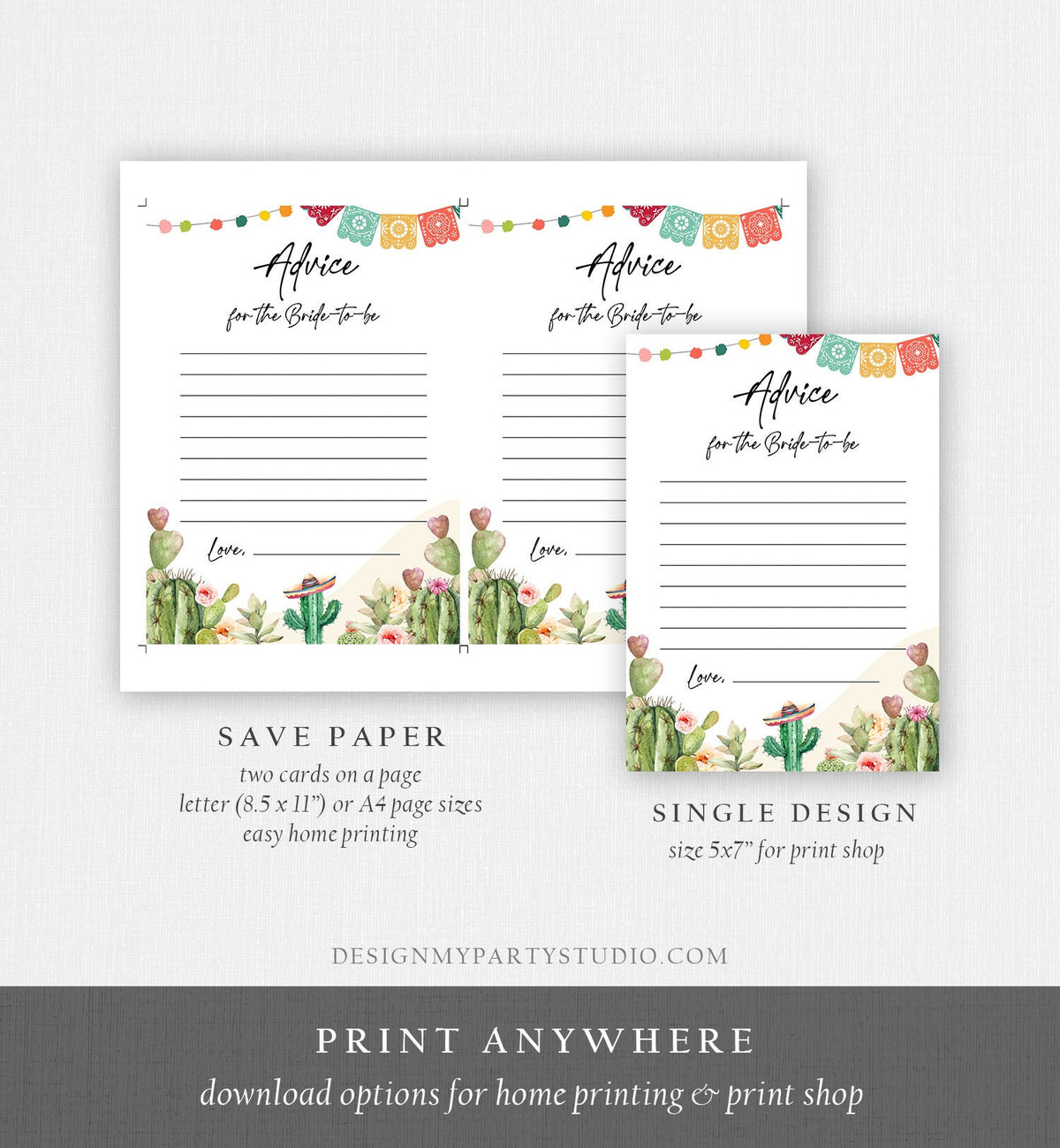 Editable Advice for the Bride-to-be Card Words of Wisdom Cactus Succulent Fiesta Bridal Shower Game Mexican Corjl Template Printable 0404